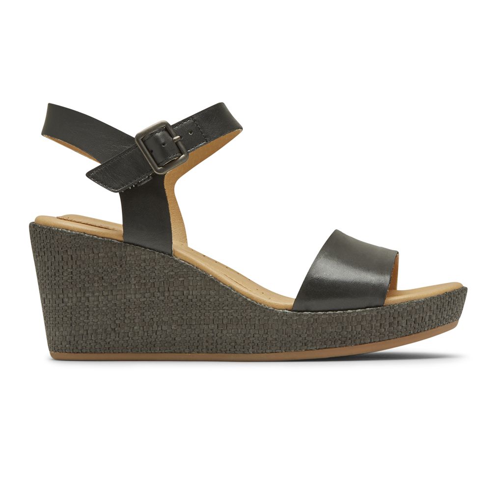 Rockport Canada Lyla Ankle-Strap - Womens Wedges Sandals Black (YVE298354)